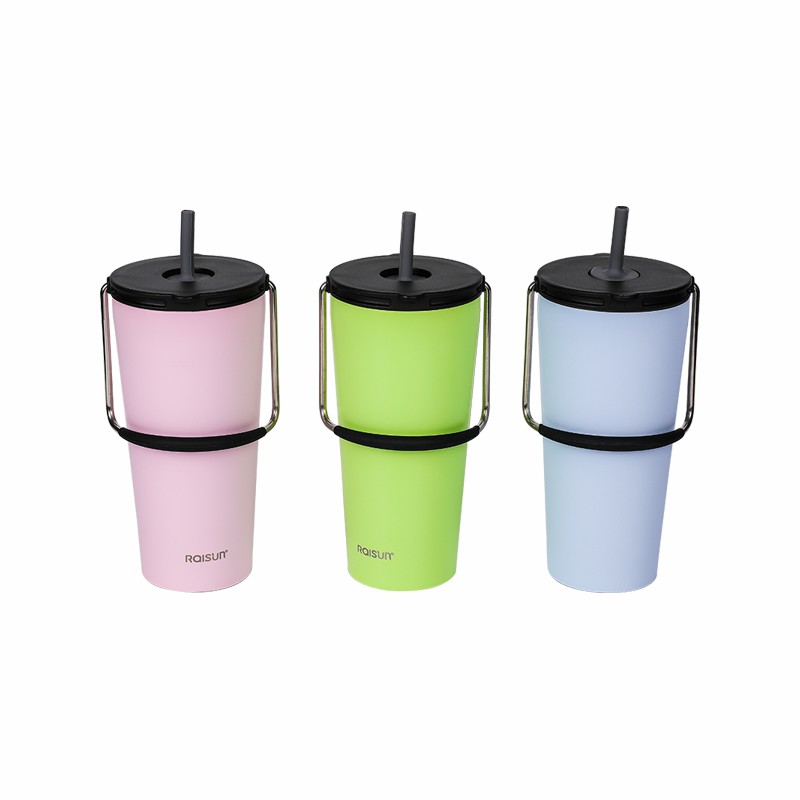 Tasse à café thermique de grande capacité de 600ml, tasse en paille, tasse de voiture Portable avec poignée en acier inoxydable